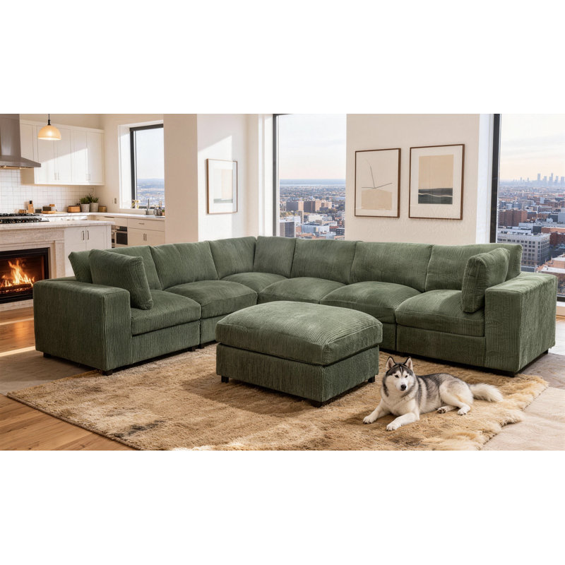 Aneea Reversible Modular Corner Sectional with Ottoman, Ginger, 33" H x 132" W x 104" D
