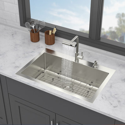 30" Drop-In Kitchen Sink with Pull-Out Faucet, 16 Gauge Stainless Steel Single Bowl Topmount Sink