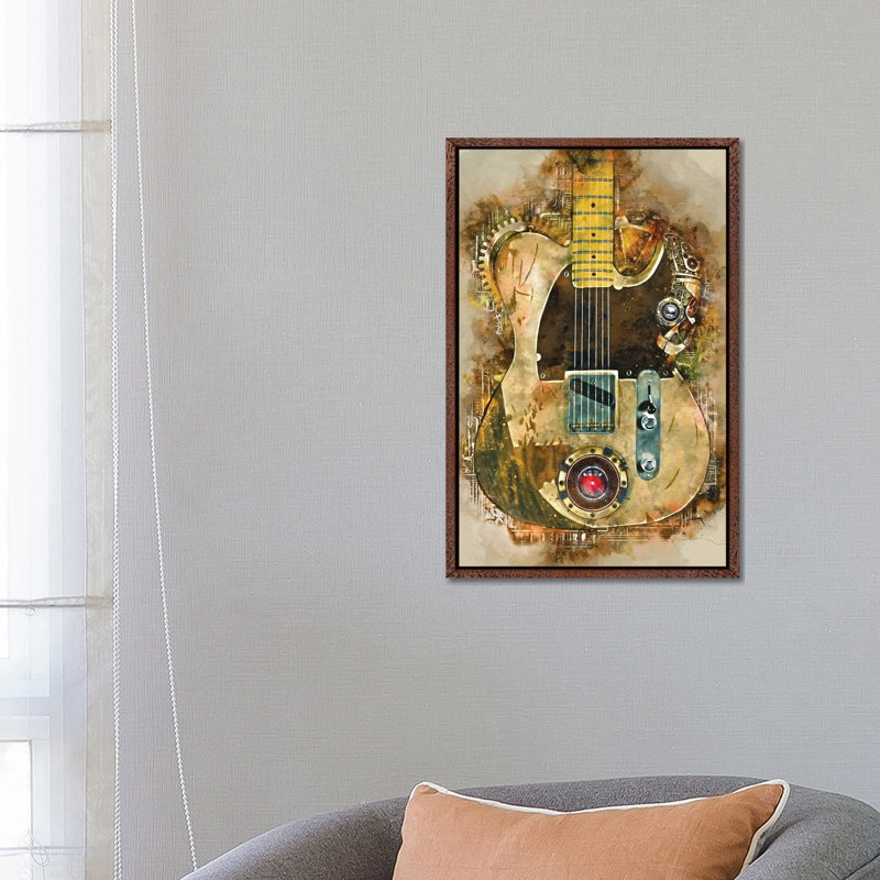 Jeff Beck's Steampunk Guitar 1 Piece Painting on Canvas, 66.04cm H x 45.72cm W x 3.81cm D, Classic Brown Wood Floater Framed