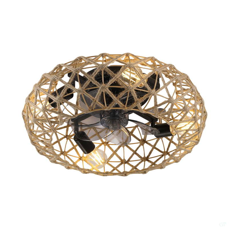 Ventilateur de plafond en corde de jute avec 4 ampoules, intensité variable, 7 DC, moteur à courant continu réversible