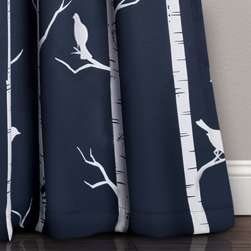 Navy Polyester Room Darkening Bird Print Window Panels
