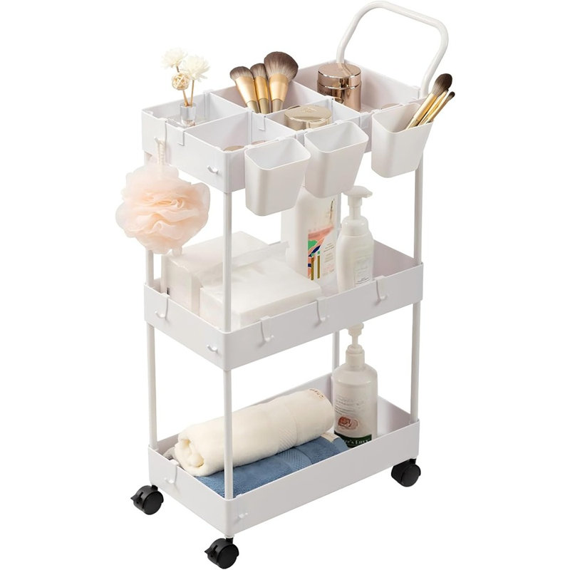 Chariot de rangement sur roulettes à 3 niveaux sur roulettes, organisateur de salle de bain et de buanderie étroit avec crochets, tasses suspendues, cloisons et poignée pour petits espaces - blanc