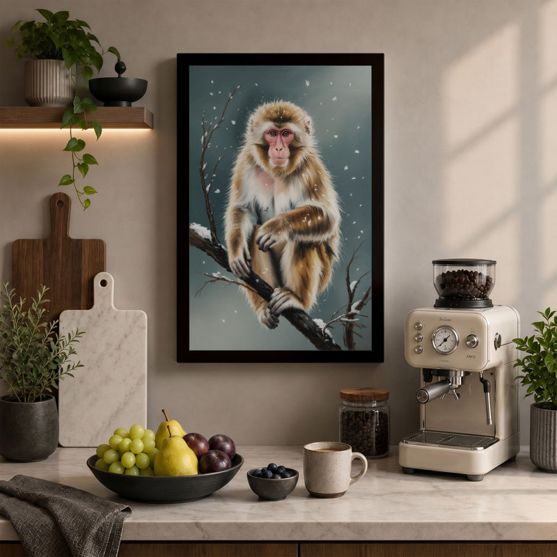 Macaque in Winter Japandi 1 Piece Wrapped Canvas Wall Art, 18x12 - 45.7 x 30.5 cm, White Border