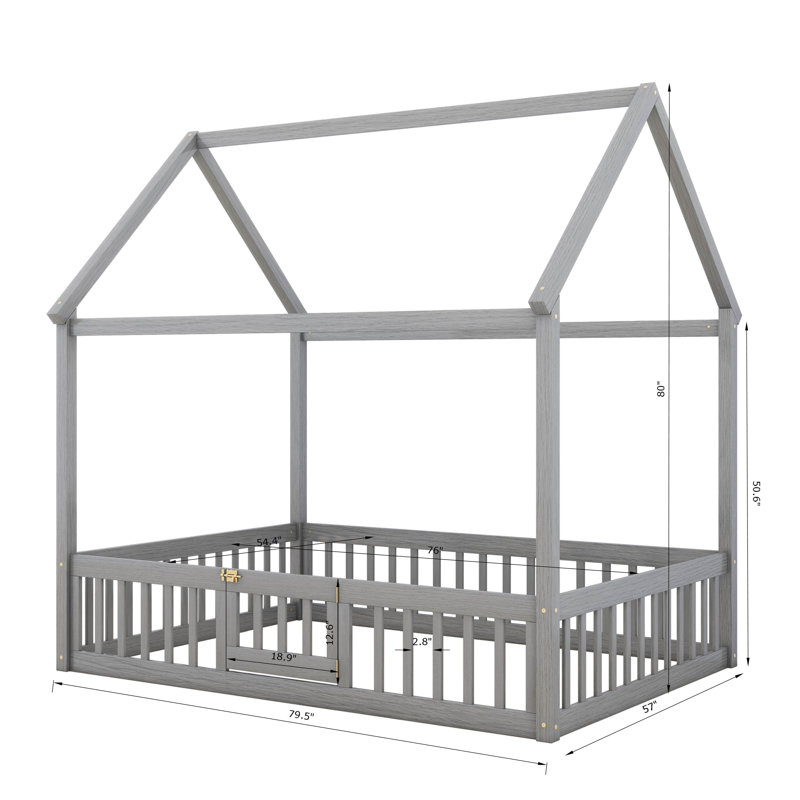 Full Size Wood House Bed with Fence, Gray