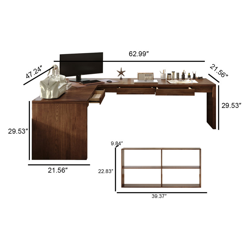 L-shaped Nordic-style Corner Solid Wood Desk, With a Separate Bookshelf, 29.53"H x 62.99"W x 21.65"D