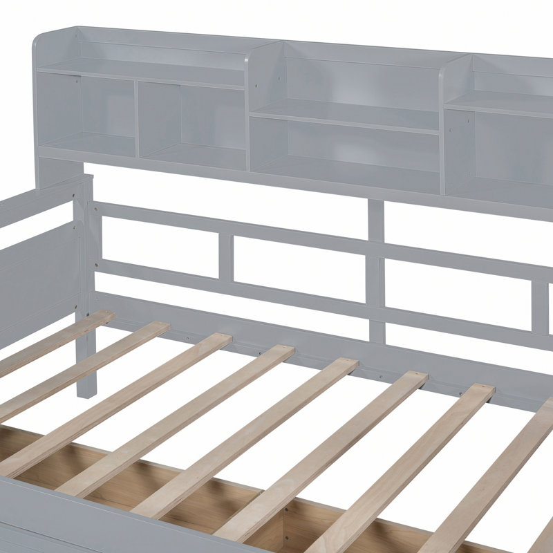 Lit de jour avec support en lattes de bois, tablettes de chevet et deux tiroirs, Lit simple, Gris