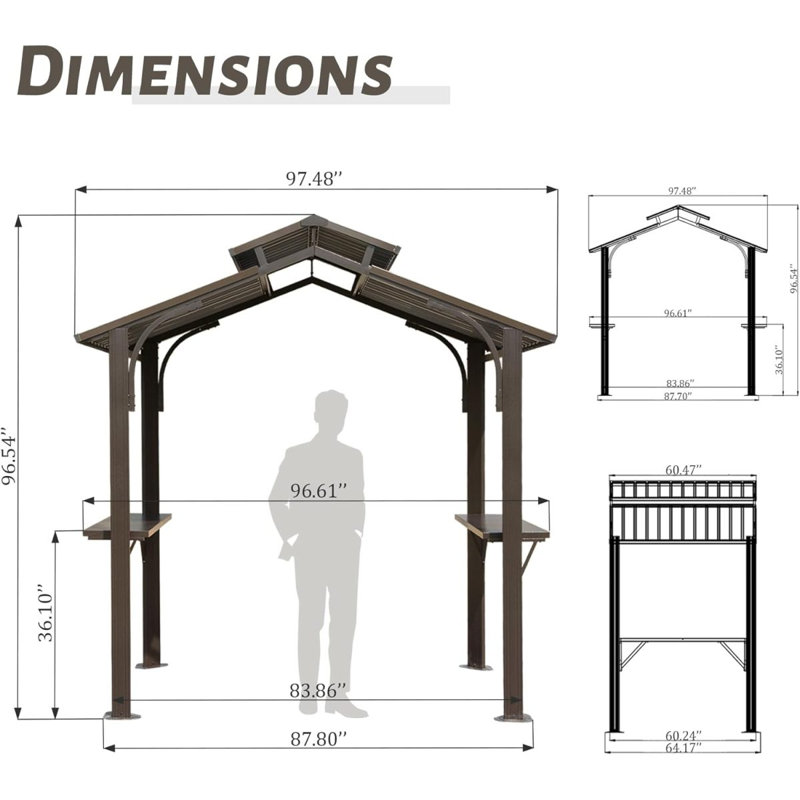 8×5FT Hardtop Grill Gazebo, Outdoor BBQ Gazebo W/Galvanized Steel Double Roof, Permanent Sun Shade Grill Canopy Shelter With 2 Side Shelves And Ceiling Hook For Patio Deck Yard Garden ()