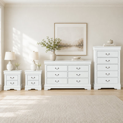 4‑Piece Transitional Bedroom Storage Furniture Set, Includes 2 Nightstands, 1 Dresser & 1 Chest, Solid Wood Construction, Dovetail Drawers, 4 Colors‑ White  