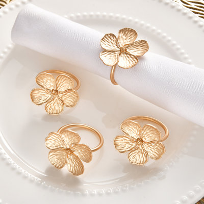 Floral Gold and White Napkin Rings Set of 4 – Elegant Christmas Table Decor for Dining and Kitchen
