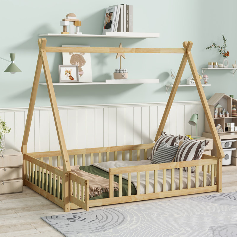 Tent-Shaped Floor Bed,Teepee Bed With Guardrails,Slats, Natural
