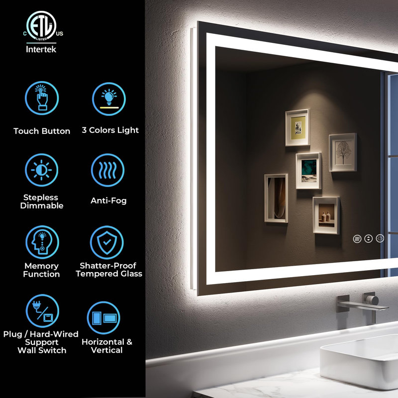 Akilan Frameless LED Vanity Mirror with Front-lit and Back-lit, Memory Function, 3 Color Temperatures & Dimmable Light, Anti-fog Tempered Glass ETL Mirror