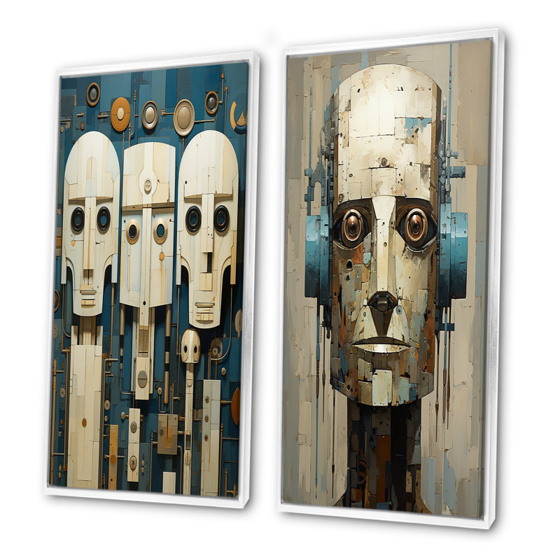 L'art de la robotique - ensemble de 2 reproductions d'art mural robot, Cadre flottant blanc, H 28 po x l 25 po