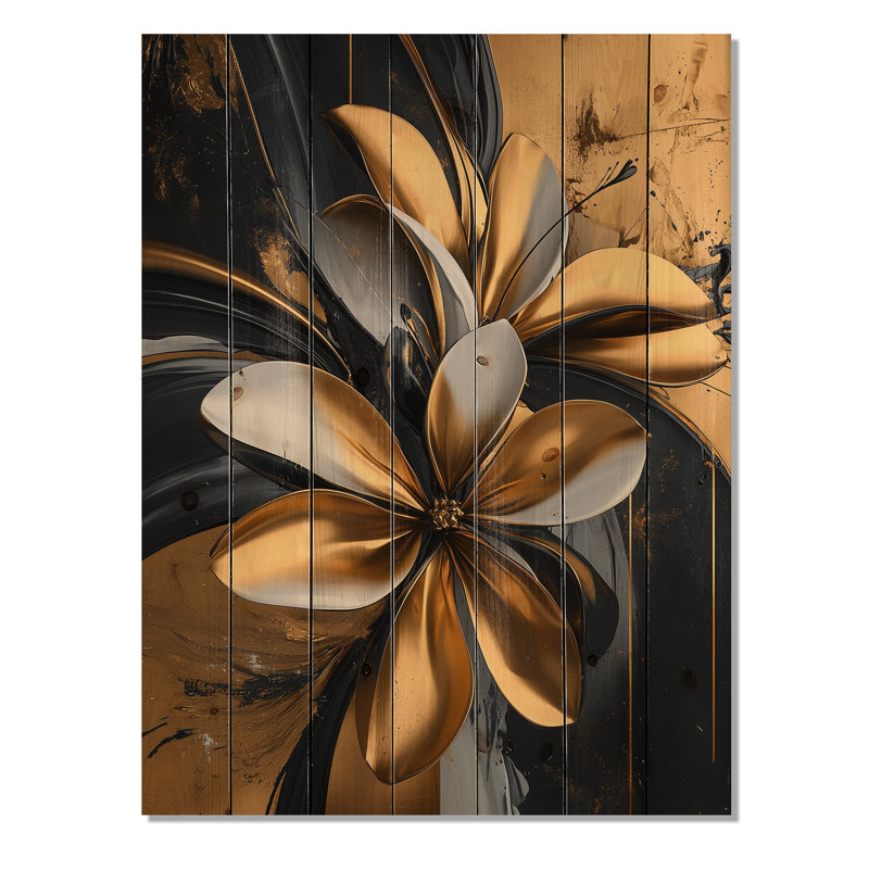 Golden Dahlia Petal II géométrique - décoration murale en bois de dahlia - sur bois de pin naturel