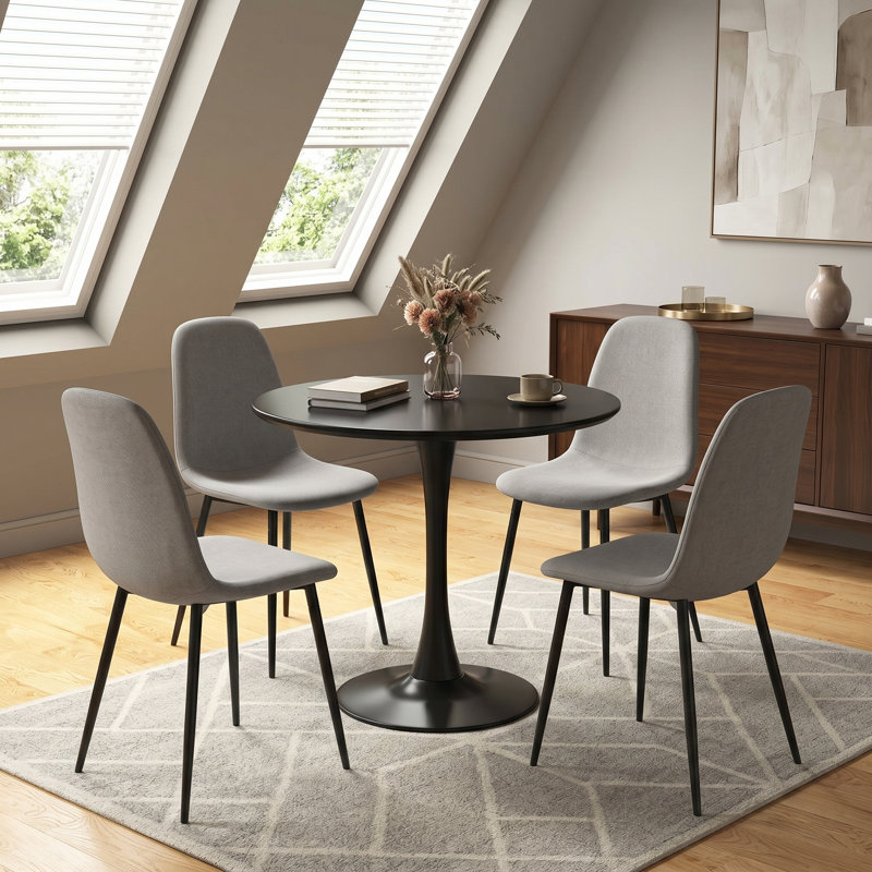 5-Piece Mid-Century Modern Round Dining Set with Pedestal Table and Faux Leather Chairs, Light Gray
