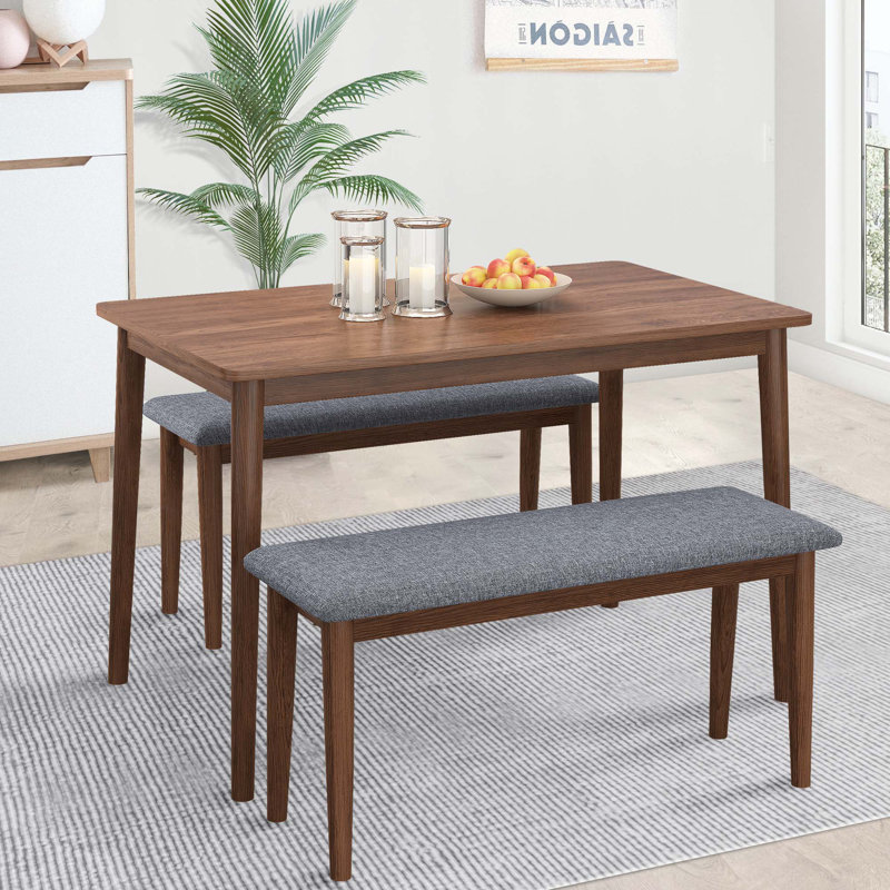 3 Pieces Modern Dining Table Set With 1 Rectangular Table And 2 Benches