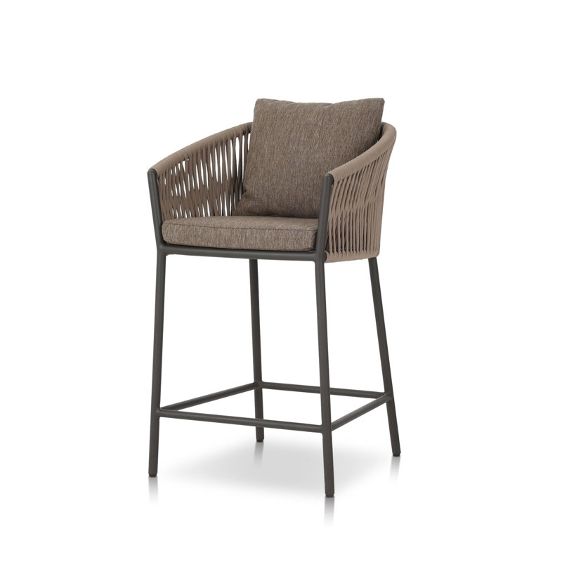 Tabouret de patio en teck avec coussin, 26.5", Brun, Noir