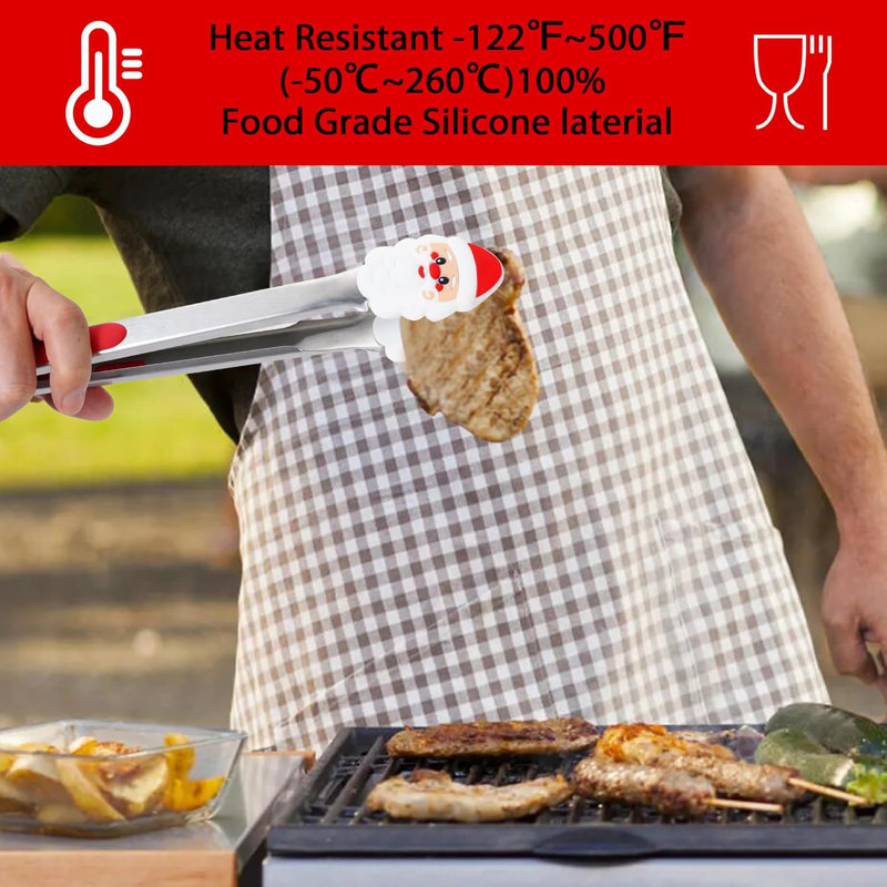 2-Piece (9"+12") Stainless Steel & Silicone Kitchen Tongs – 500°F Heat-Resistant Christmas-Patterned Tongs for Grilling & Non-Stick Pans