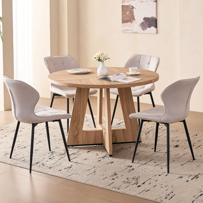 Ensemble table et chaises rondes 5 pièces pour 4 personnes, table de cuisine en bois de 119 cm (47 po) avec 4 chaises rembourrées en tissu beige