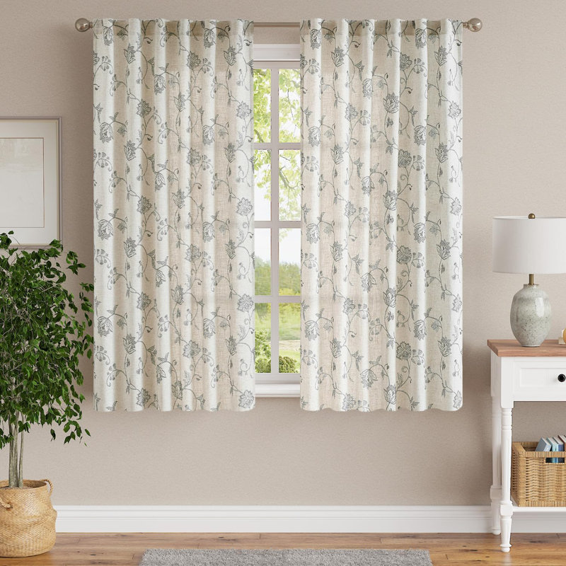 Rideaux en lin à motif floral avec passe-tringle, Gris, L 50 po x L 63 po