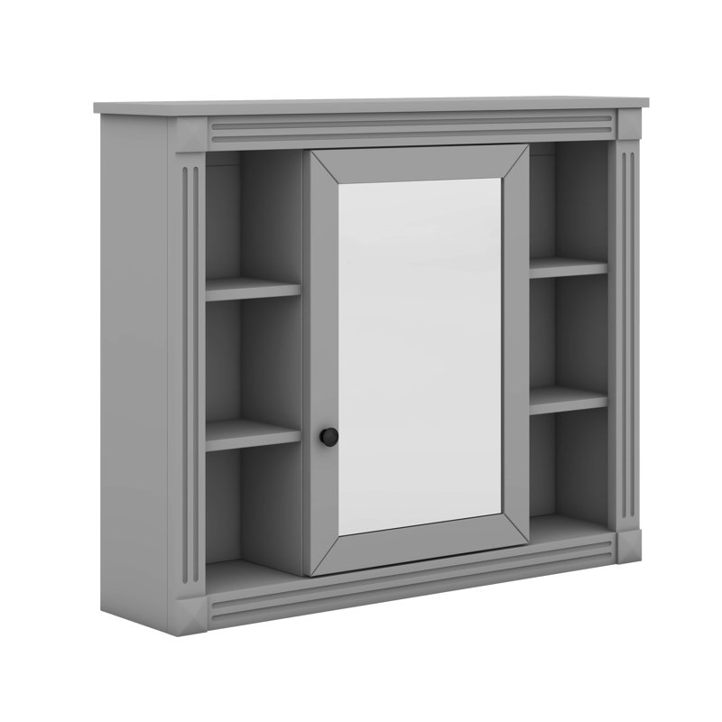 Armoire à pharmacie murale avec miroir, 6 tablettes ouvertes, Gris