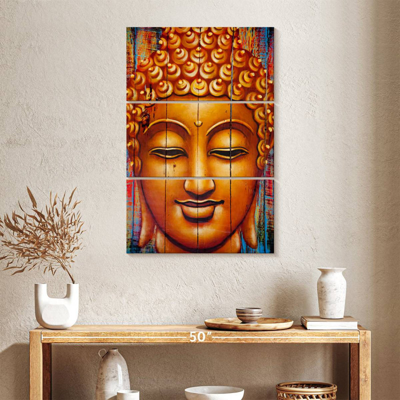 Leisha Buddha Face On Planks, 38" H x 24" W