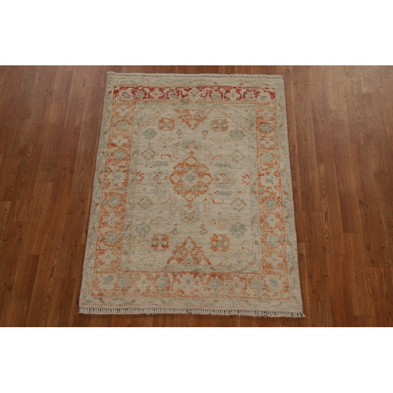 Tapis beige en laine noué à la main de conception unique 2 pi 11 po x 3 pi 11 po New Age