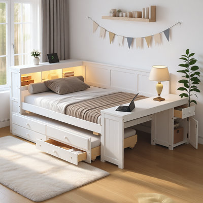 Full Size Daybed with Storage Shelves, Drawers, Trundle, Desk, LED Light and Charging Station, Multifunctional Wooden Daybed with Cabinet for Bedroom