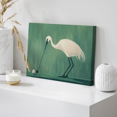 Crane Playing Golf Canvas Print Wall Art - Humorous Minimalist Decor for Office or Golf Enthusiast Spaces