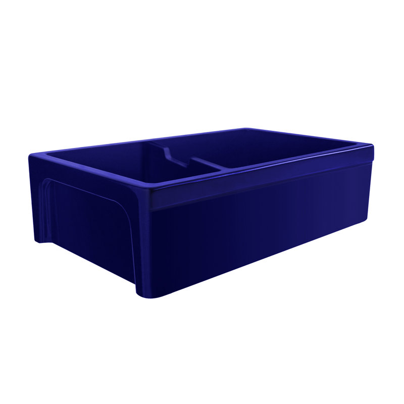 Whitehaus 42" Large Reversible Double Bowl Fireclay Kitchen Sink: Beveled, 2-1/2" Lip Front Apron, Sapphire Blue