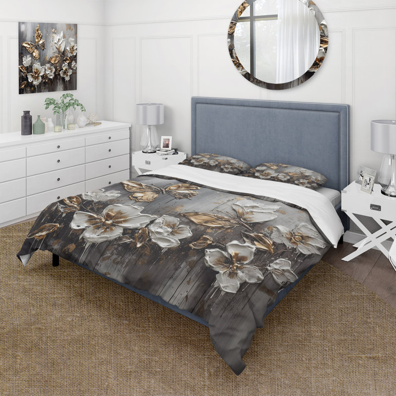 Ensemble de housse de couette en microfibre / polyester Golden Golden Butterfly Wings And Flowers III Bedding
