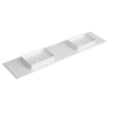 84" White Quartz Stone Bathroom Vanity Top With Double Square Ceramic Vessel Sinks