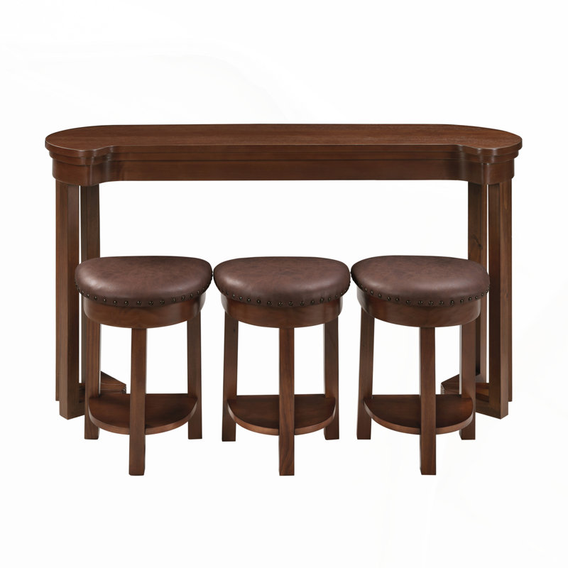 4 Piece Bar Table Set with 3 PU Upholstered Stools, Solid Wood Counter Height Dining for Small Spaces, Cherry Finish