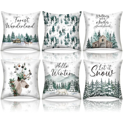 Housses de coussin de Noël - vert - 18 x 18 pouces, motif aquarelle forêt d'hiver, ensemble de 6 housses de coussin décoratives pour canapé, canapé ou décor de maison de style campagnard