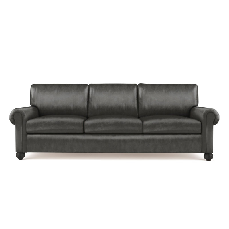 Leroy Rolled Panel-Arm Sofa with Bun Feet, 36" H x 96" W x 49" D, Vintage Leather Graphite, Ebony