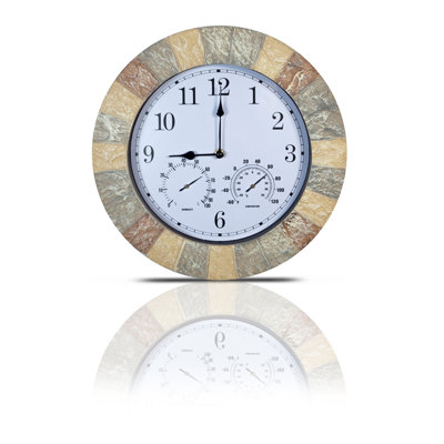 Sandstone Effect 13 Inch Outdoor and Indoor Wall Clock with Thermometer & Hygrometer