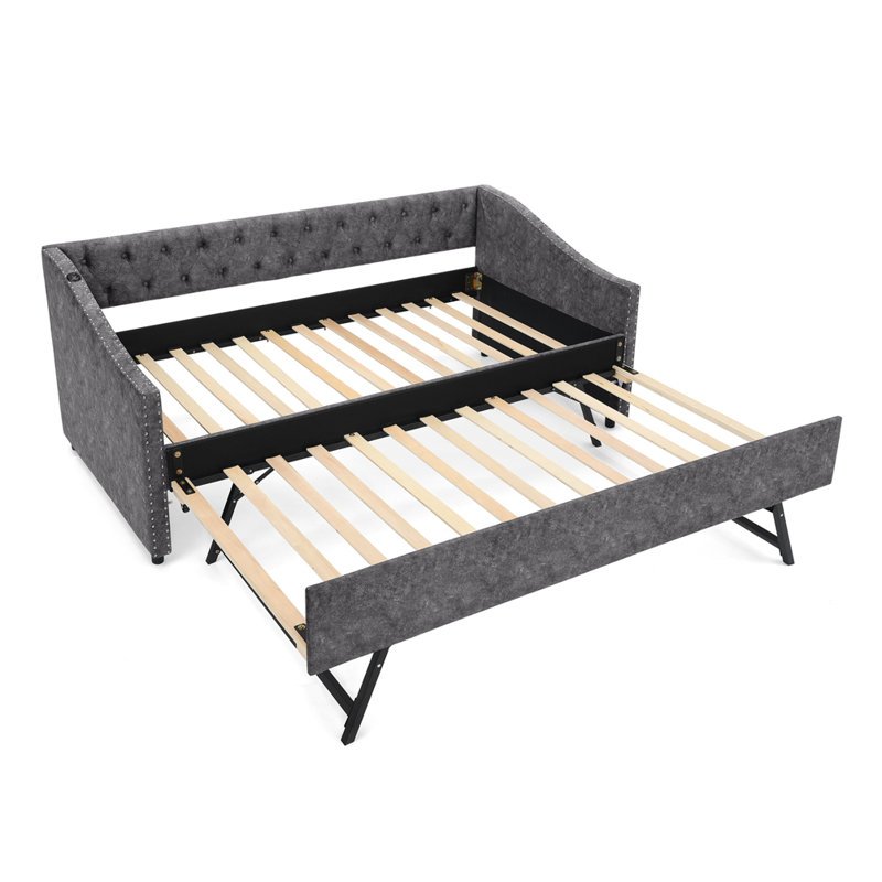 Daybed With USB Charging & Pull-Out Extendable Bed, Button Back, And Copper Nail Waved Arms For Modern Comfort And Convenience