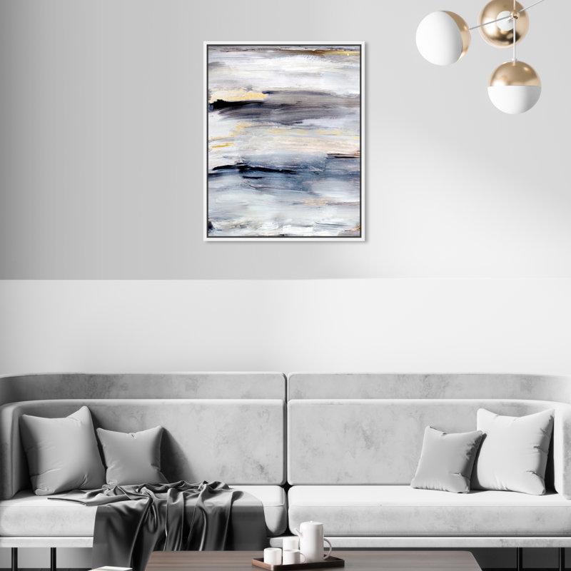 Modern Gray Brush Stroke Painting Print, White Floater Framed, 21" H x 18" W