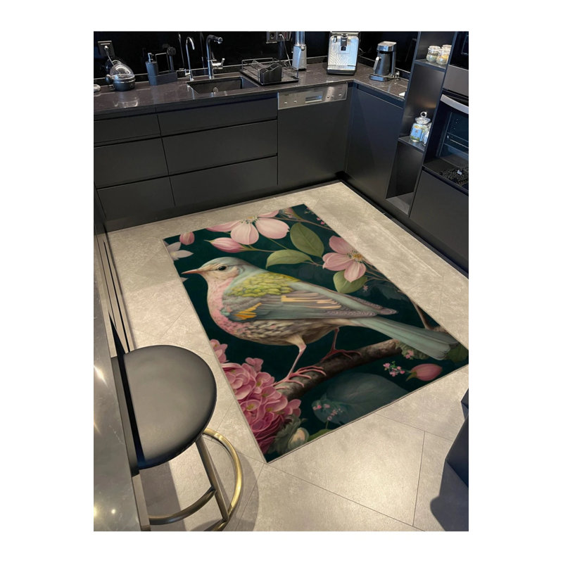 Flying Bird And Branch Flower Patterned Washable Carpet, Rectangle 5' x 9'11"