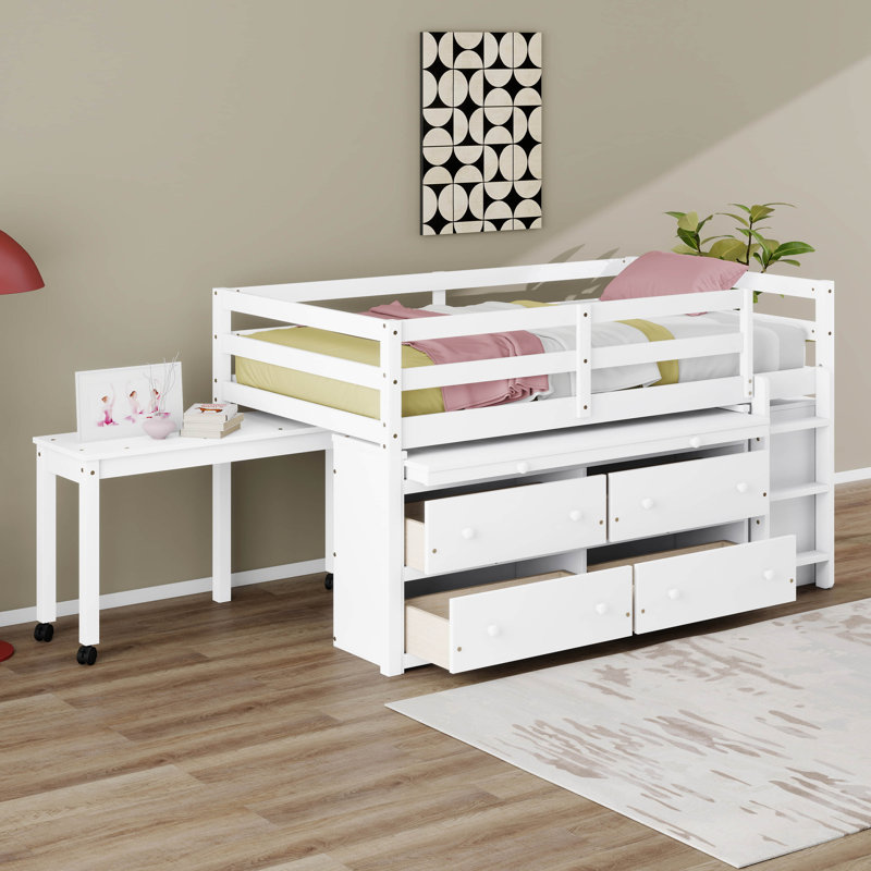 Lit mezzanine simple avec bureau d'écriture rétractable et 4 tiroirs, bureau portatif latéral et tablettes pour enfants