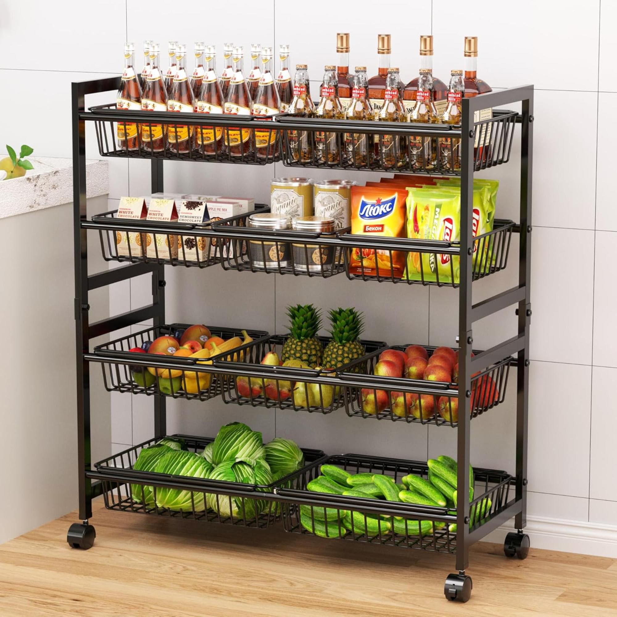17 Stories 4 Tier Kitchen Storage Cart Adjustable Rolling Pantry ...