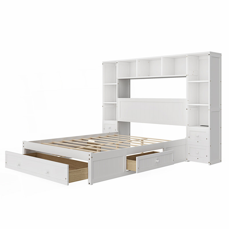 Lit plateforme avec table de chevet tout-en-un 2, tablette de rangement et armoire avec 2 stations de charge, Double