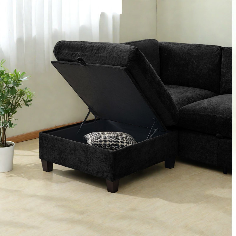 Canapé modulaire noir spacieux avec rangement, revêtement en chenille de qualité supérieure, style moderne pour le salon