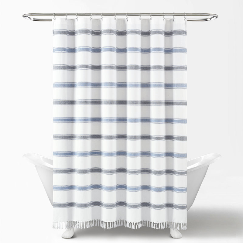 Blue and White Striped Cotton Shower Curtain with Tassel Fringe, 72" x 72"