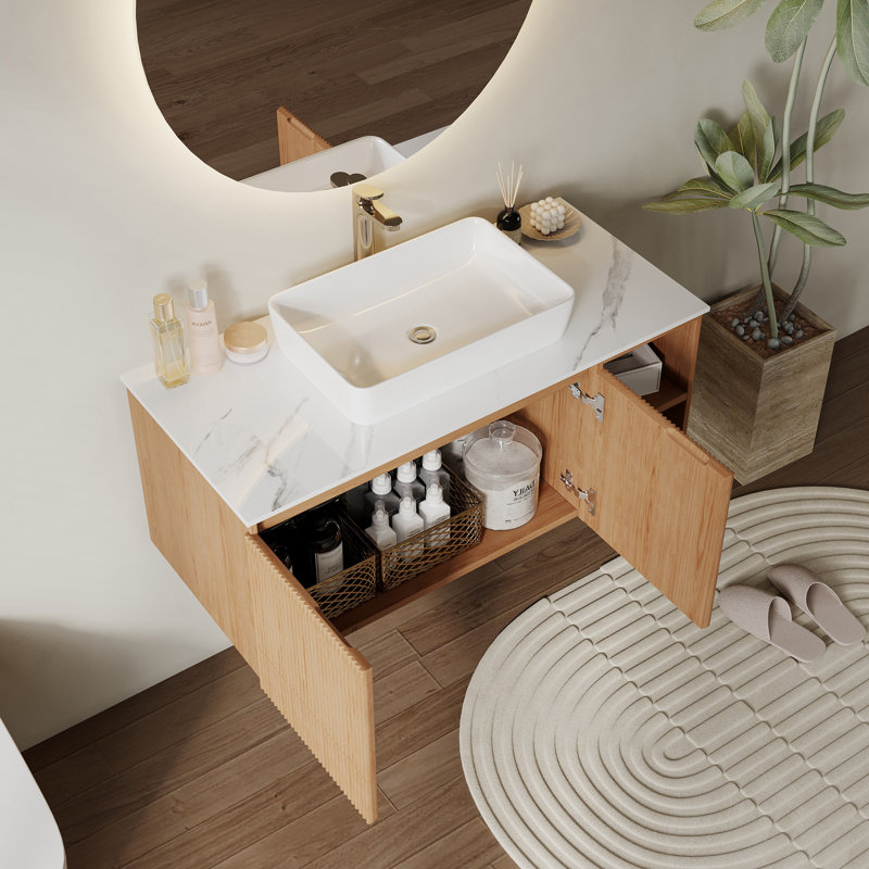 Modern 36" Floating Bathroom Vanity, Luxury Faux Marble Top & Wood Base, White, Light Wood