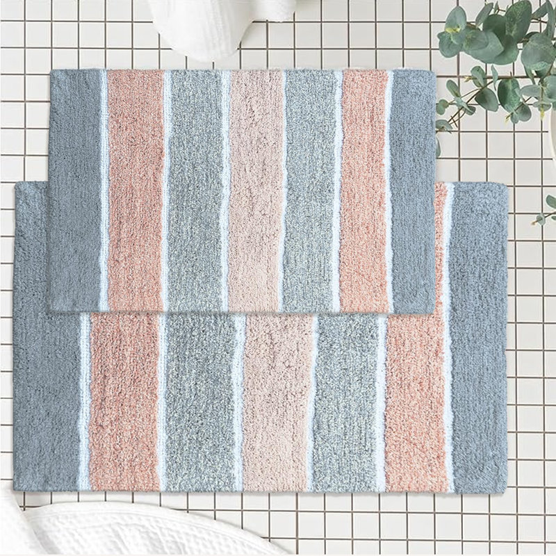 Ensemble de 2 tapis de bain à rayures antidérapants 100% coton Cervantes, Gris/Rosé, 21''x34''/17''x24''