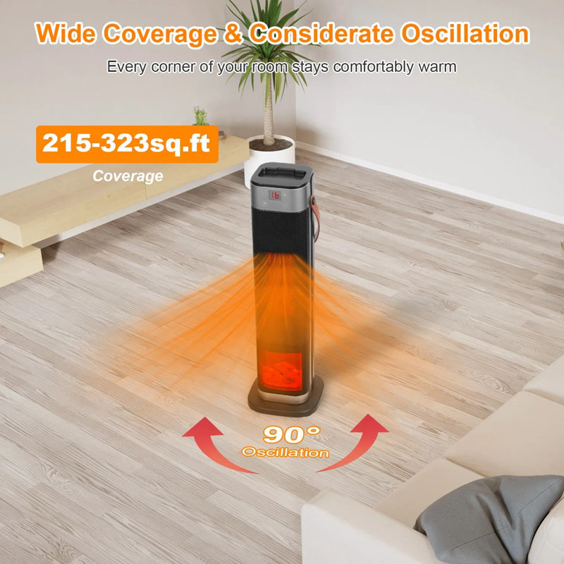 1500w Portable Space Heater With Fireplace Effect, 90° Oscillating Tower Heater With Remote, Adjustable Thermostat, 12-hr Timer, Overheat & Tip-over Protection For Indoor Use