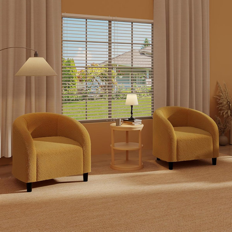 2-Pack Boucle Barrel Accent Chairs with Rounded Armrests, Upholstered Round Armchairs for Living Room, Bedroom, Office, or Reception Seating