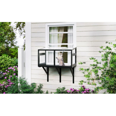 Fenêtre Catio à l'épreuve des insectes, maisonnette d'extérieur avec moustiquaire, clôture d'extérieur pour animal de compagnie pour fenêtre 24 po à 38 po, parc pour chat en bois de sapin robuste pour bronzer, faire la sieste