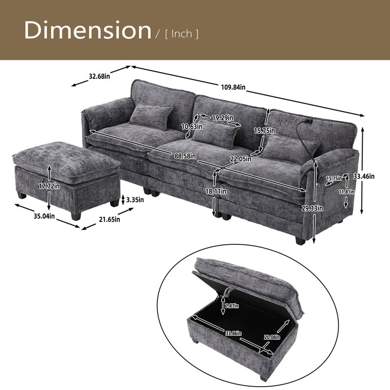 Oversized Sectional Sofa Cloud Couch For Living Room, Modern Chenille L Shaped Couch, Comfy Boucle Modular Sofa Sleeper With Movable Storage Ottoman, Phone Holder, USB Charging Port