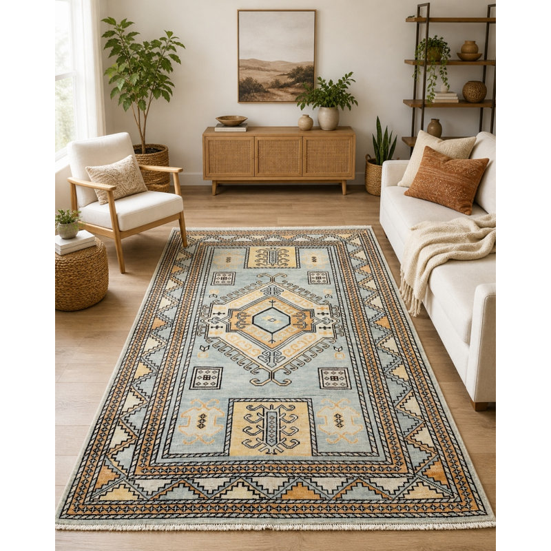 Tapis Oushak en laine noué à la main 8 pi x 10 pi avec motif à médaillon géométrique